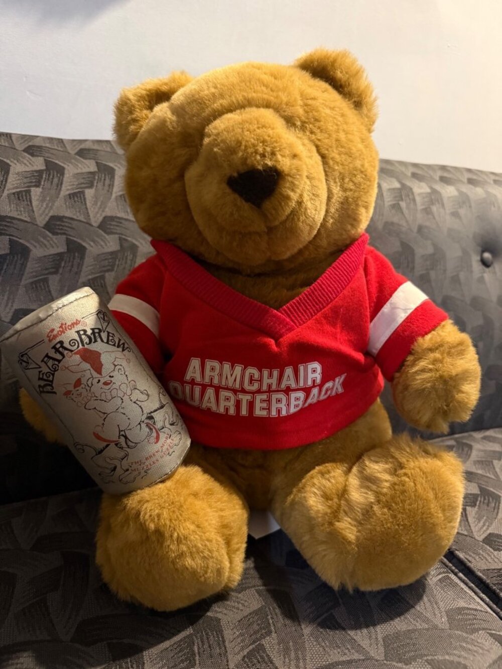Vintage1986 Stuffed Emotions Armchair Quarterback Bear Brew Beer Can Football